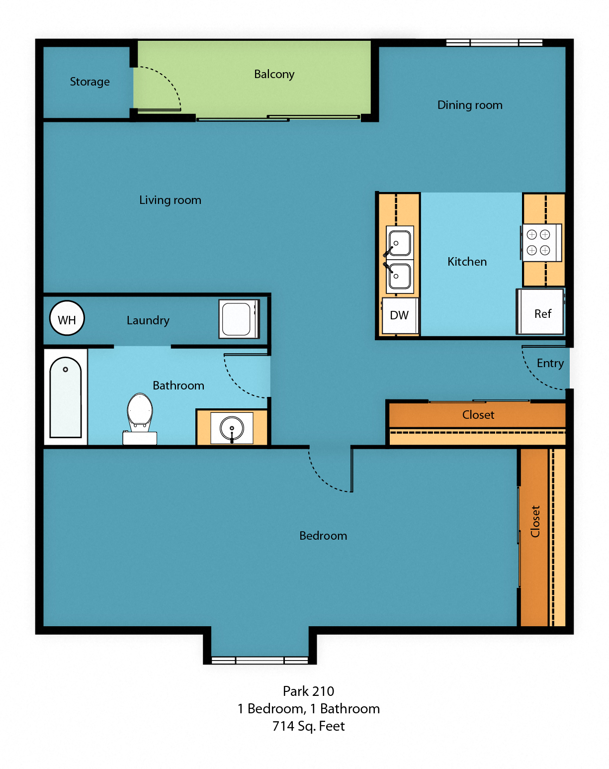 Floor plan for 1 bed, 1 bath, 714 sqft